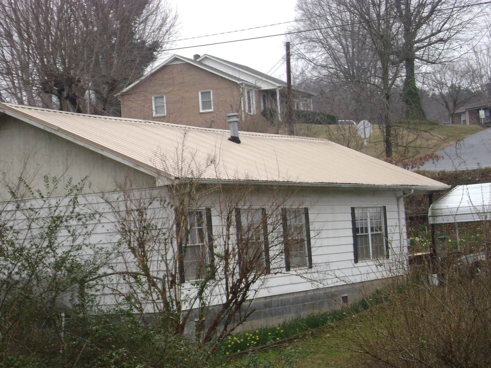 Tan metal roof on a white sided house set into a hillside — Commercial Roofing by Roofing Brothers in Abbeville